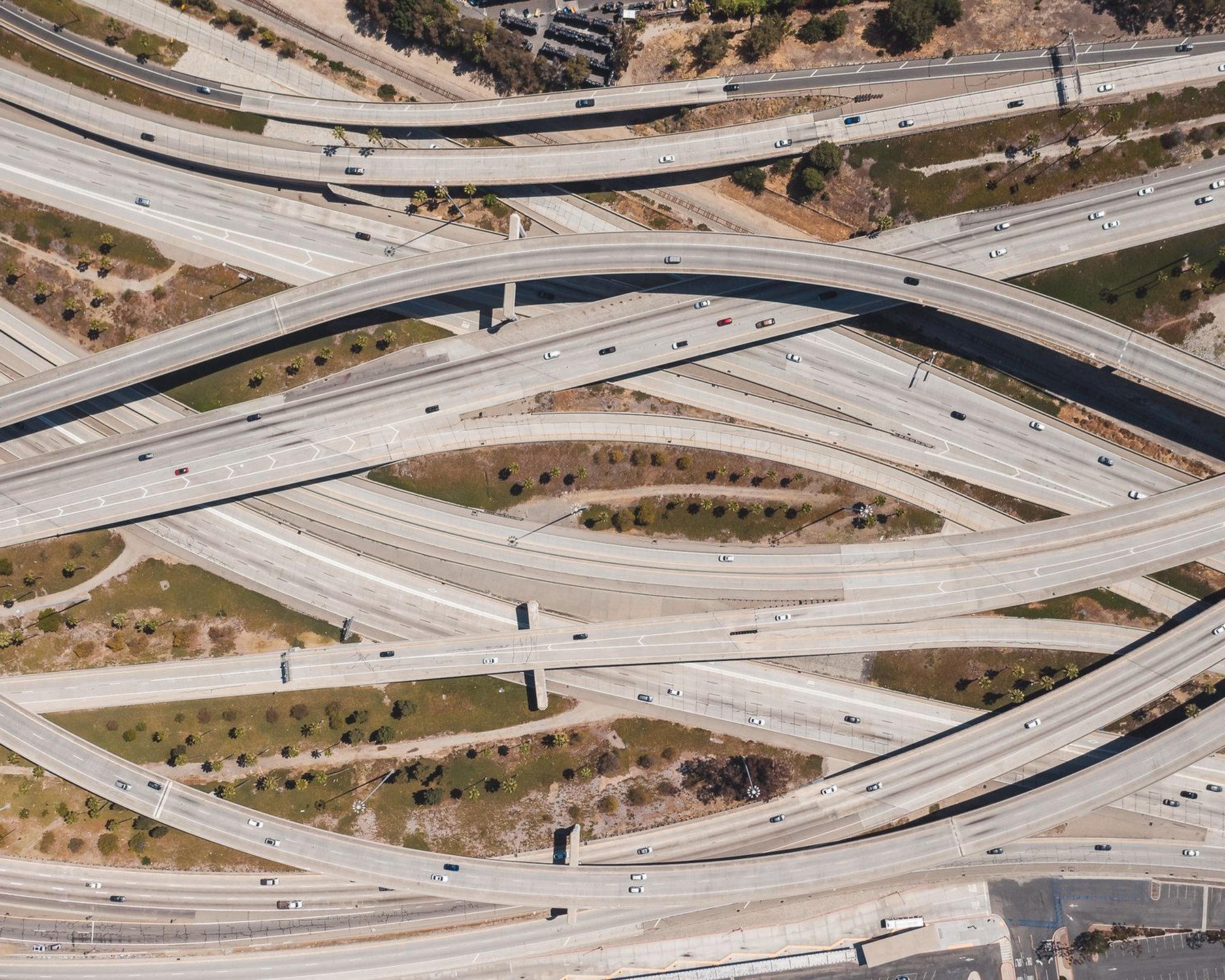 An aerial view of a highway interchange