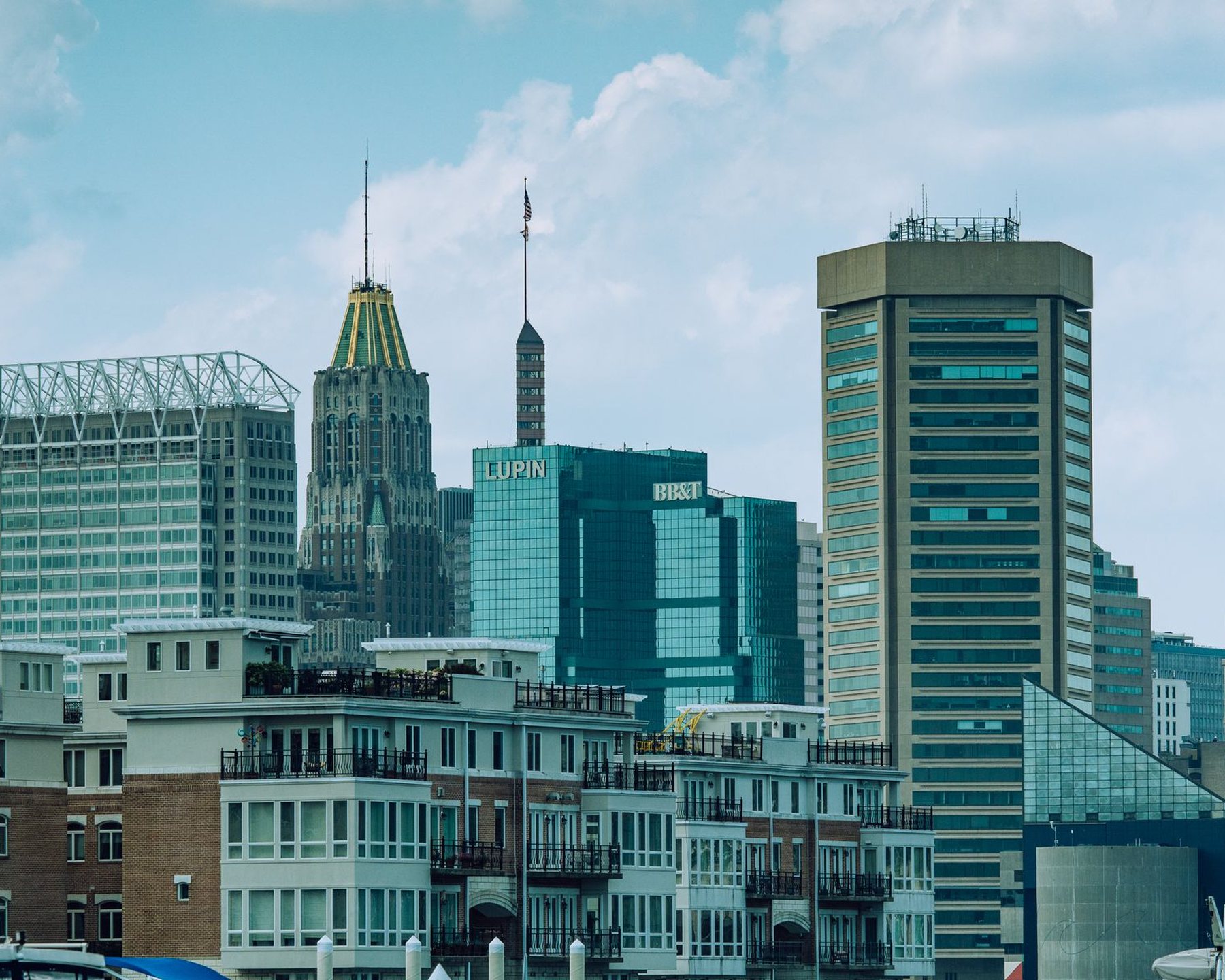 Tall city buildings under a clear sky